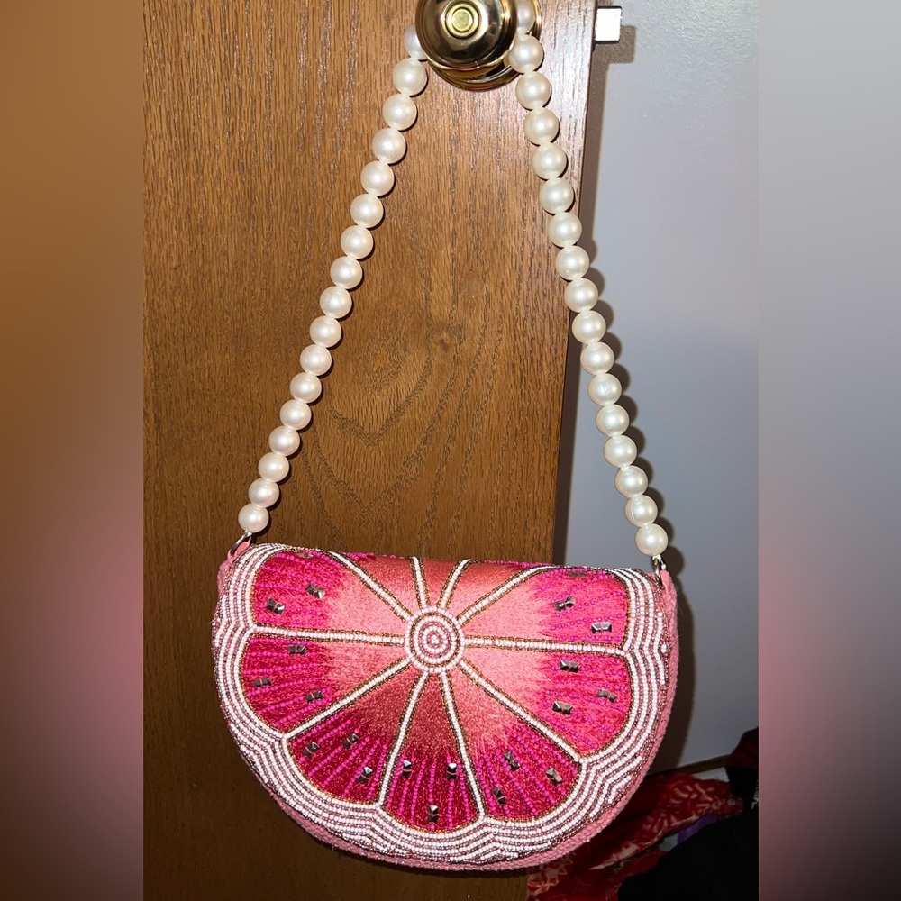 Pink Beaded Women's Bag with Pearl Strap